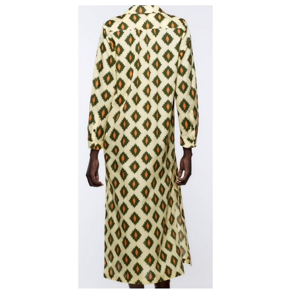 Zara Shirt Dress Size S Cream Green Orange Ikat Geometric Midi Boho Long Slv - Picture 4 of 7